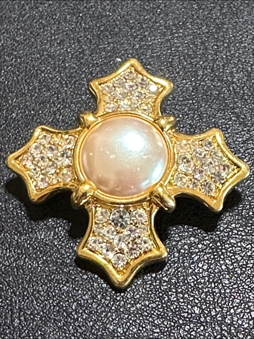 Monet Vintage Gold Tone Faux Pearl Rhinestone Maltese Cross Brooch